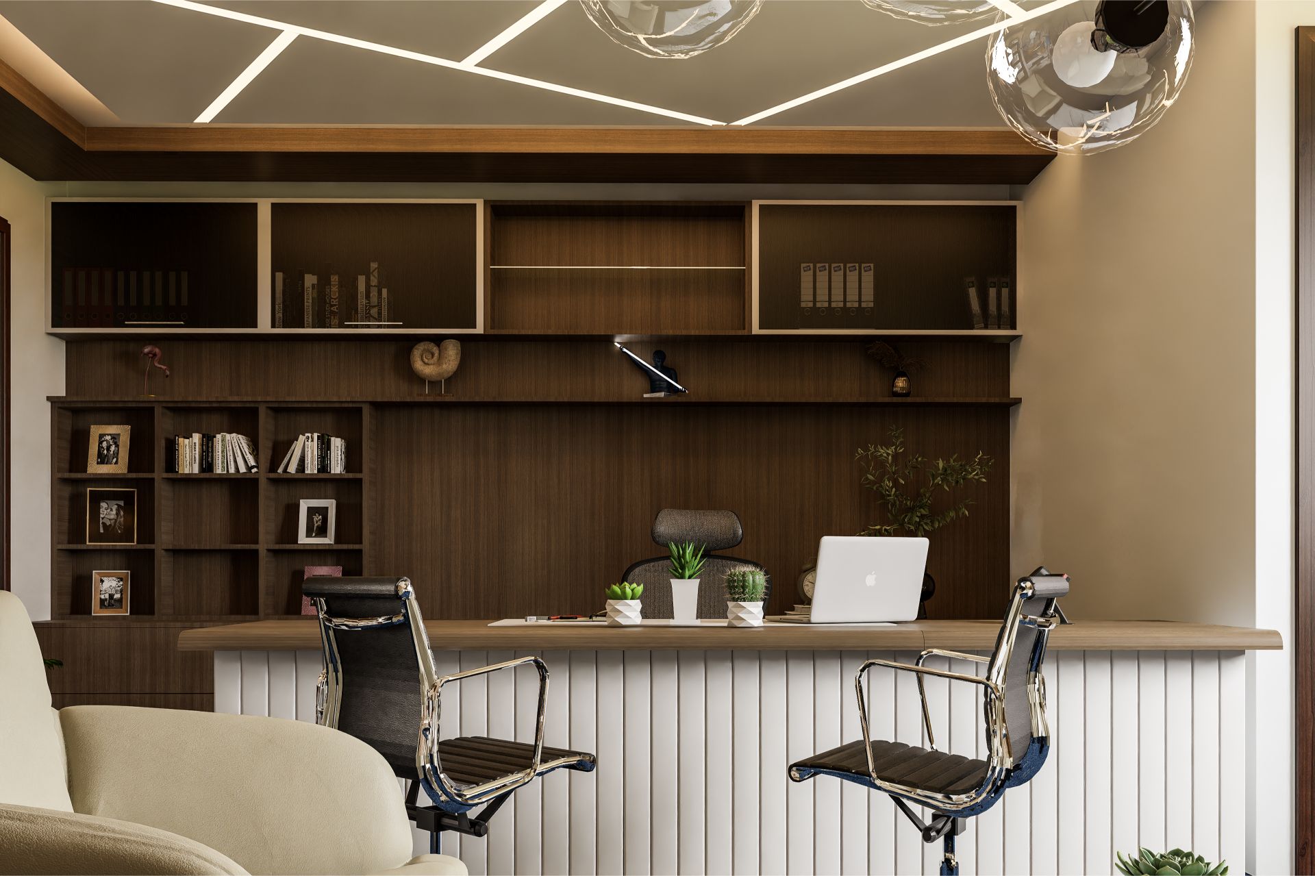 Modern home office interior visualization with warm wooden tones and contemporary lighting design.